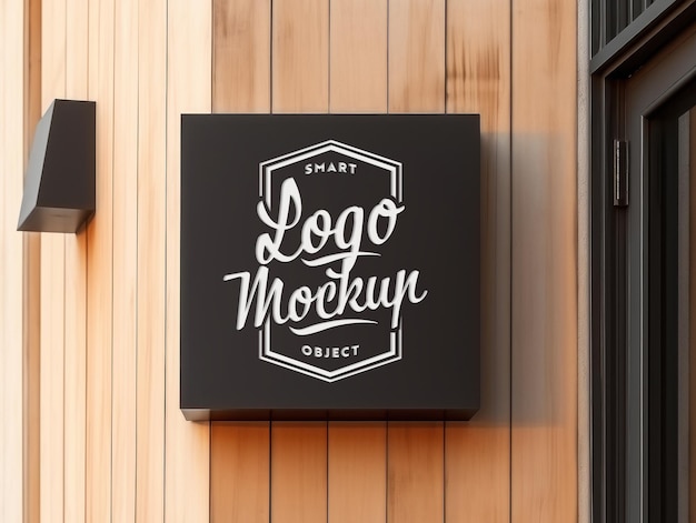 Store logo sign with on wooden wall mockup