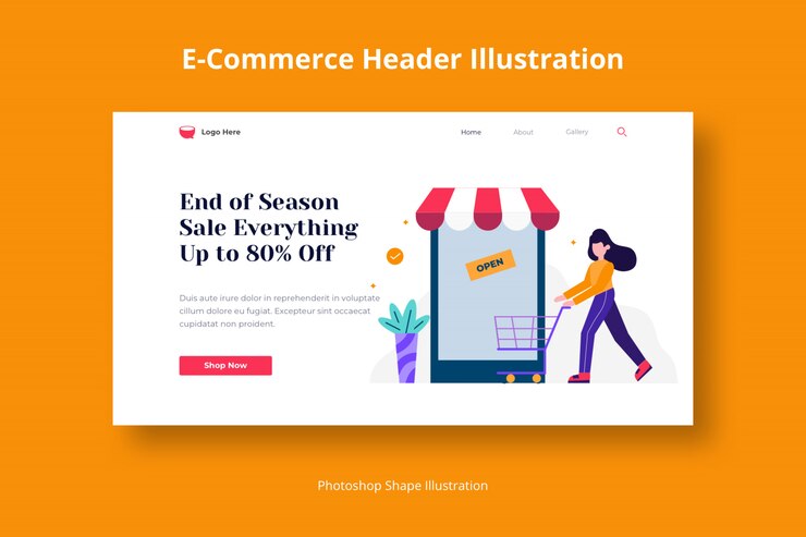 PSD store shopping web template with flat illustration