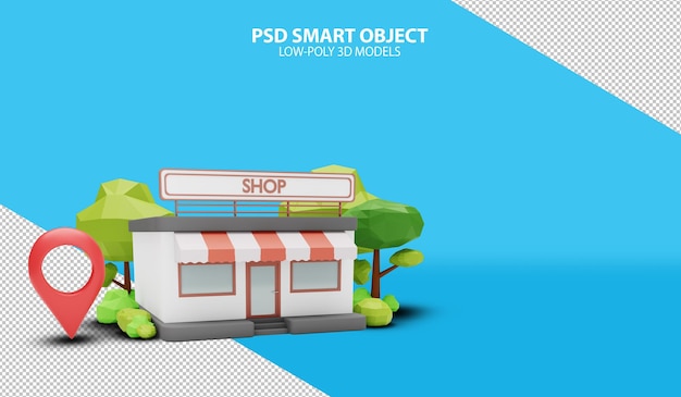 Store with map pin PSD smart objects on gradient background 3d rendering image of low poly models