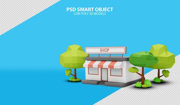 store with tree psd smart objects on gradient background 3d rendering image of low poly models
