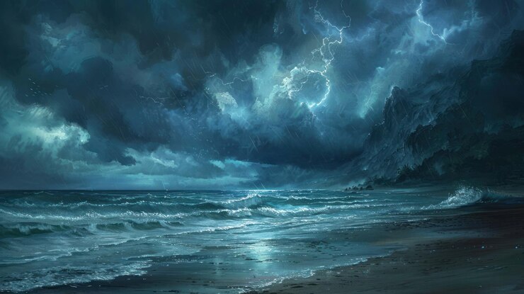 PSD a stormy seascape with lightning striking over dramatic mountains and crashing waves on a sandy beach