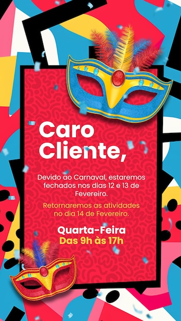 PSD story social media carnival notice in brazil 3d render template for campaign in portuguese