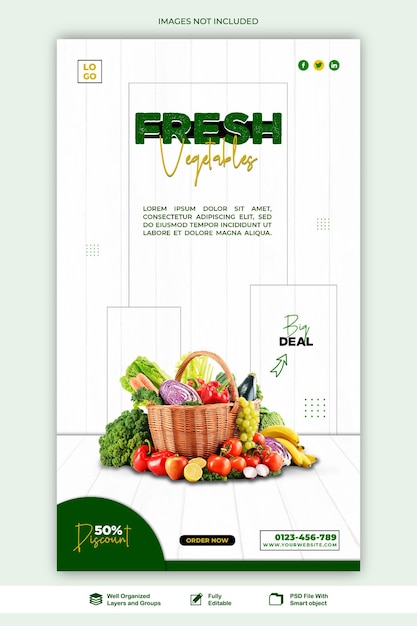PSD banner di promozione sui social media di story vegetables e modello di post design di instagram psd