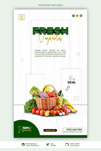 Banner di promozione sui social media di story vegetables e modello di post design di instagram psd