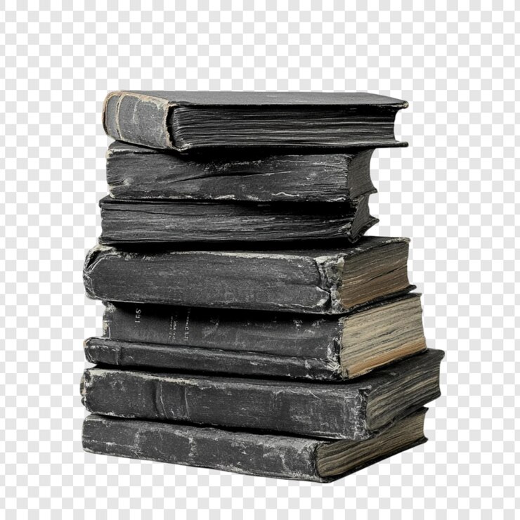 PSD stos starych, starożytnych, czarnych książek pokazujących ich historię i historie.