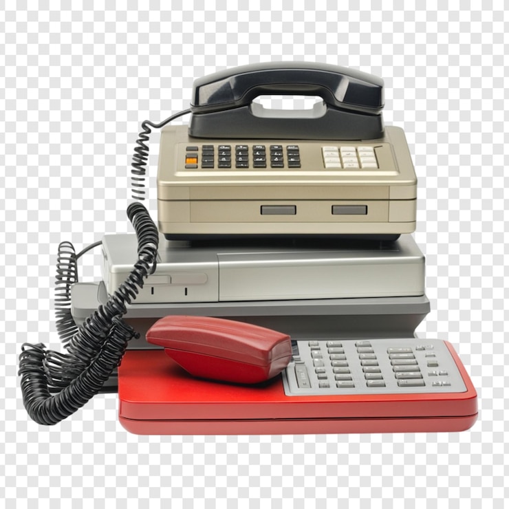 PSD stos starych telefonów i urządzeń komunikacyjnych retro tech nostalgia