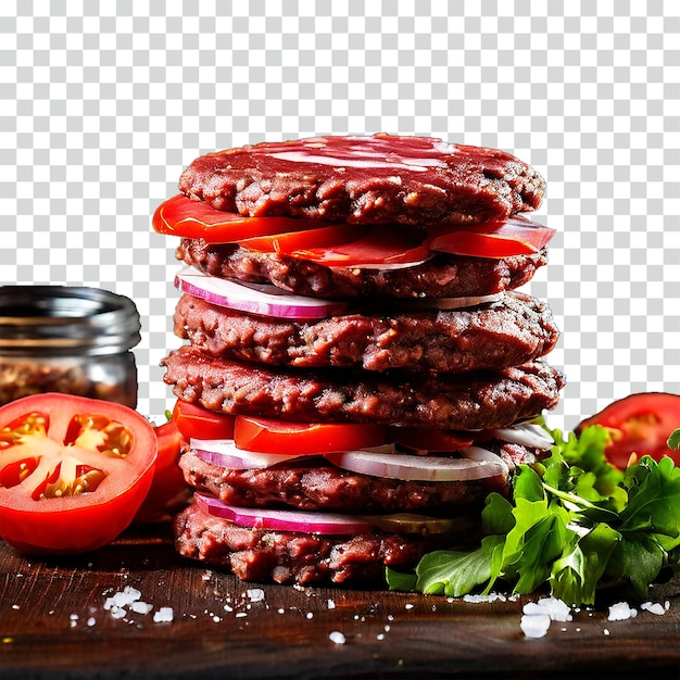 PSD stos surowych hamburgerów wyizolowanych na przezroczystym tle