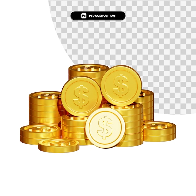 PSD stos złotych monet w renderowaniu 3d na białym tle
