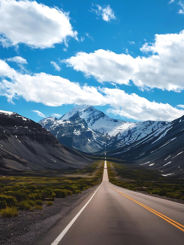 PSD straight road leading into the mountainous horizon