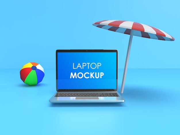 Strandbal en paraplu met laptop Laptop Mockup