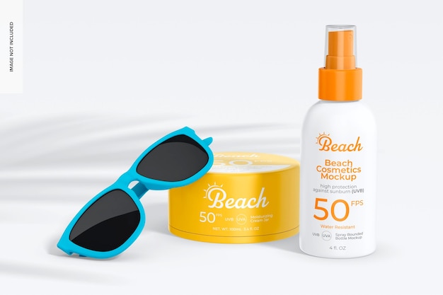 Strandcosmetica flessen mockup met zonnebril