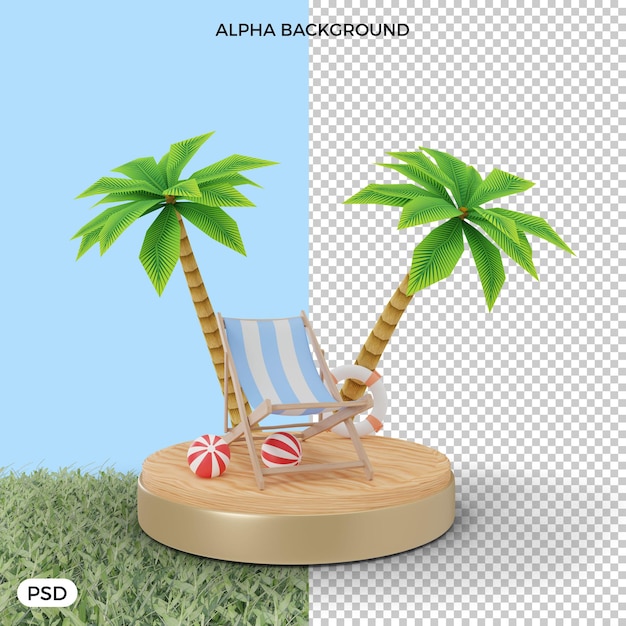 Strandstoel op zand met palmboom 3d render