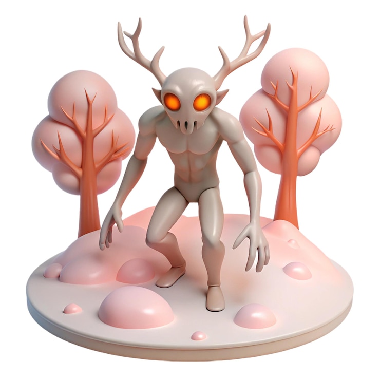 PSD a strange creature with glowing eyes and antlers stands on a white surface