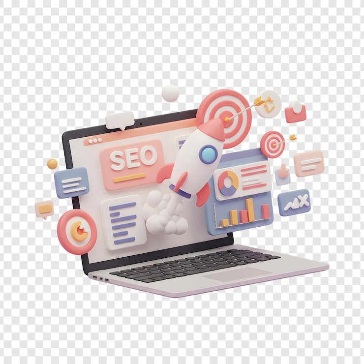 PSD strategia marketingowa seo laptop z rakietą wystrzelającą w kierunku celu