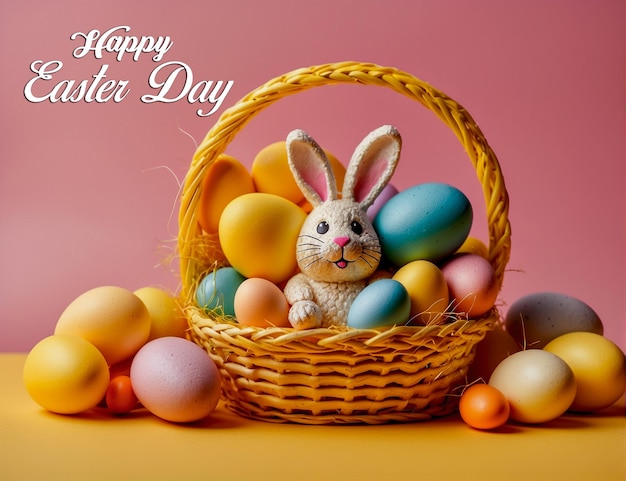 Straw bunny basket with easter colorful eggs Close up Happy Easter card