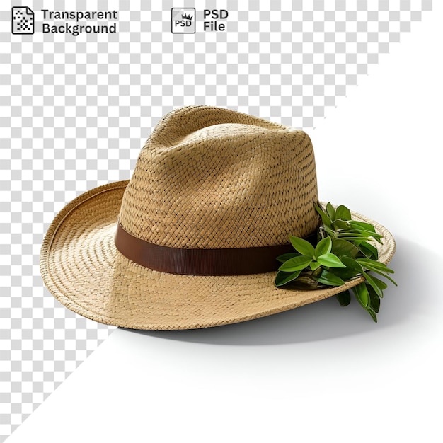 A straw hat and a green plant on a isolated background with a black shadow in the foreground