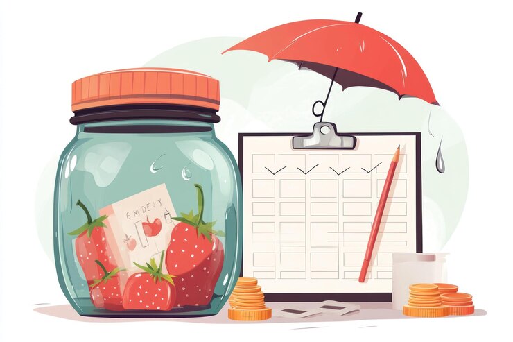 PSD strawberries in a jar coins checklist and umbrella representing savings planning and protection
