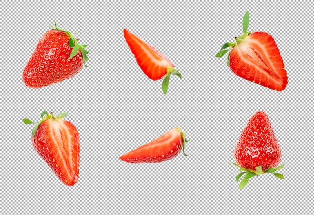 PSD strawberries with leaf isolated whole and half of strawberry set