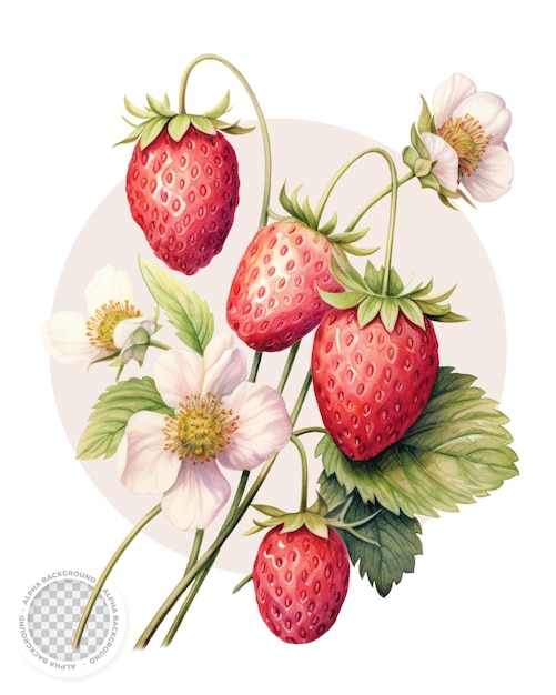 Strawberry botanical watercolor illustration with transparent background