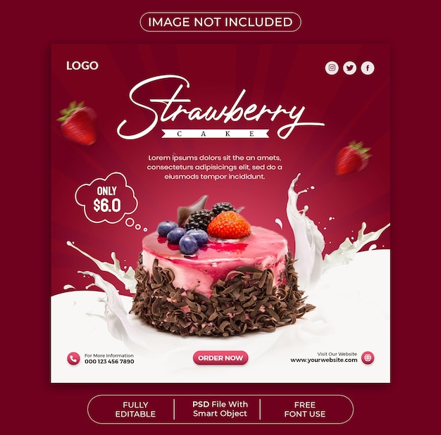 Strawberry cake social media banner post design template