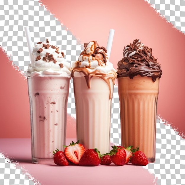 PSD strawberry chocolate and white milkshakes on a transparent background