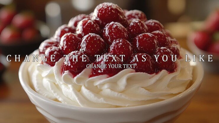 PSD strawberry dessert with whipped cream and powdered sugar