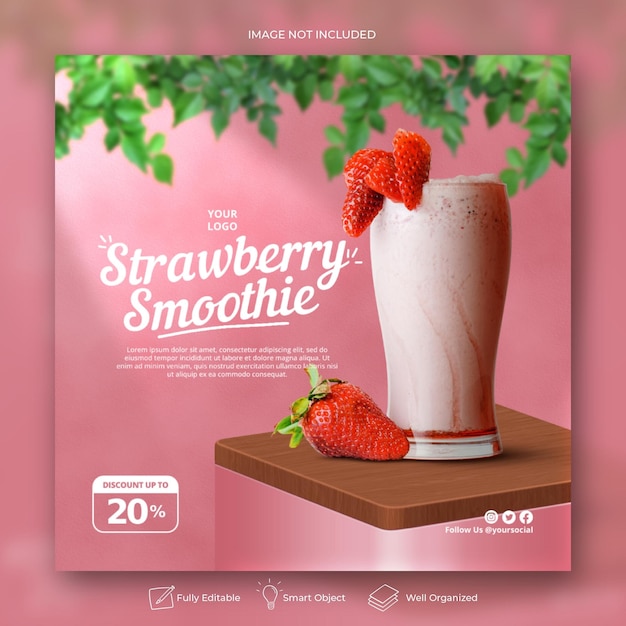 Strawberry drink menu social media post banner instagram template for promotion