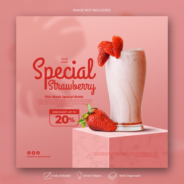 Fragola drink menu social media post banner instagram template per la promozione