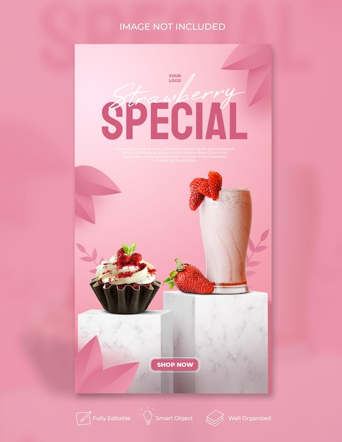 Menu di bevande alla fragola social media post instagram template per la promozione del ristorante