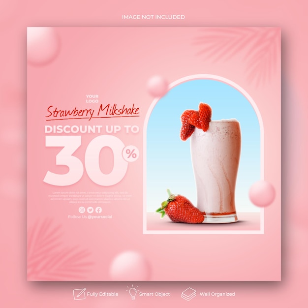 Strawberry drink menu social media post template for promotion restaurant