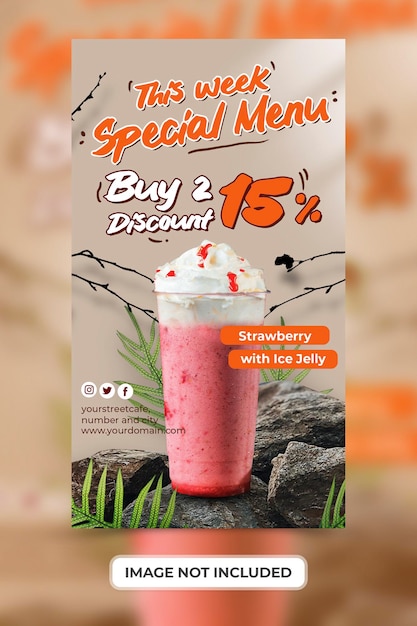 PSD strawberry fruit healthy drink menu promotion with social media stories banner template