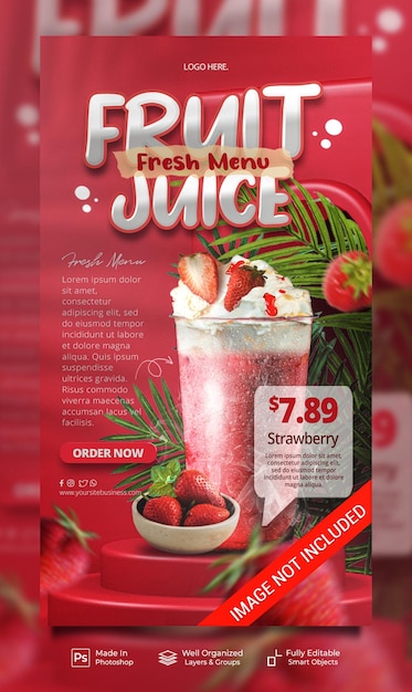 Strawberry fruit juice fresh drink menu with podium display social media post story banner template