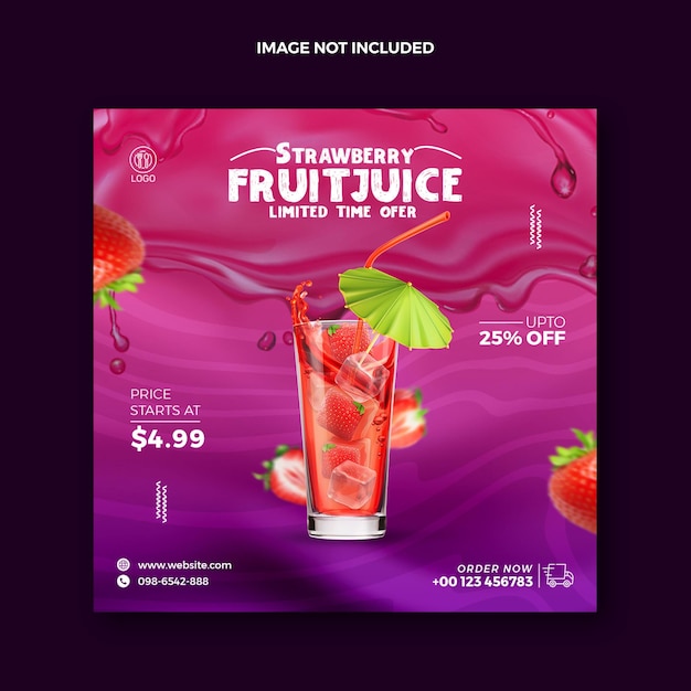 Succo di frutta alla fragola post sui social media e banner web di bevande fredde