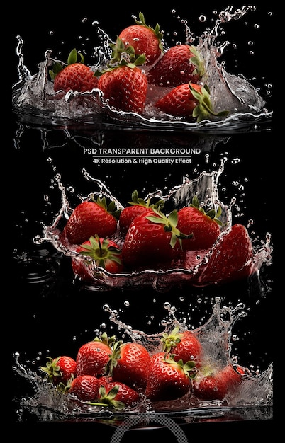 Strawberry fruits splash on water