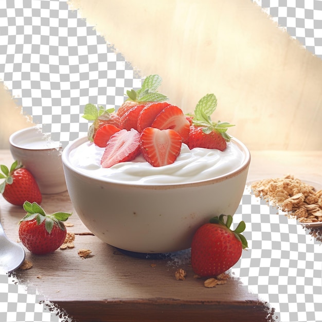 PSD yogurt di fragole e granola in una ciotola con sfondo trasparente