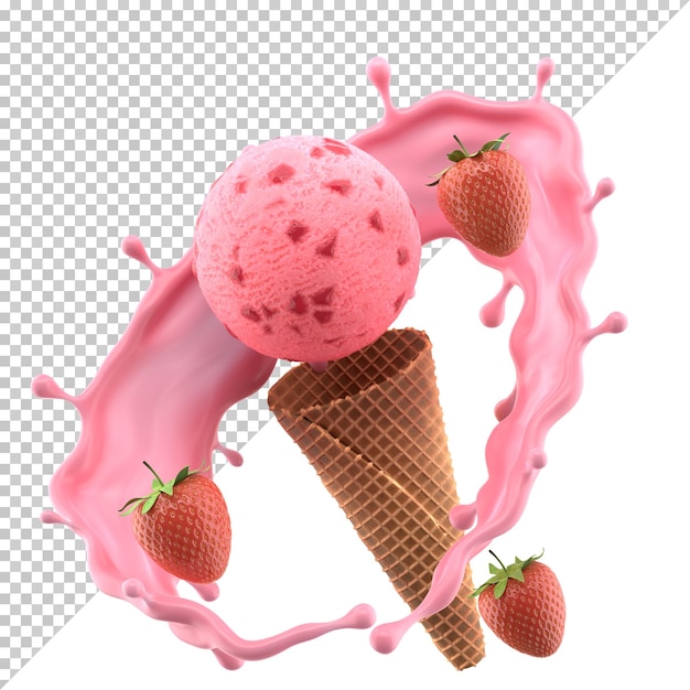 PSD的草莓冰淇淋锥孤立在白色背景模型