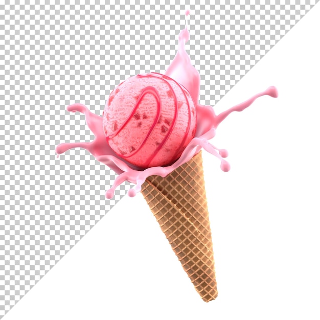 PSD strawberry ice cream in the cone isolate on white background mockup