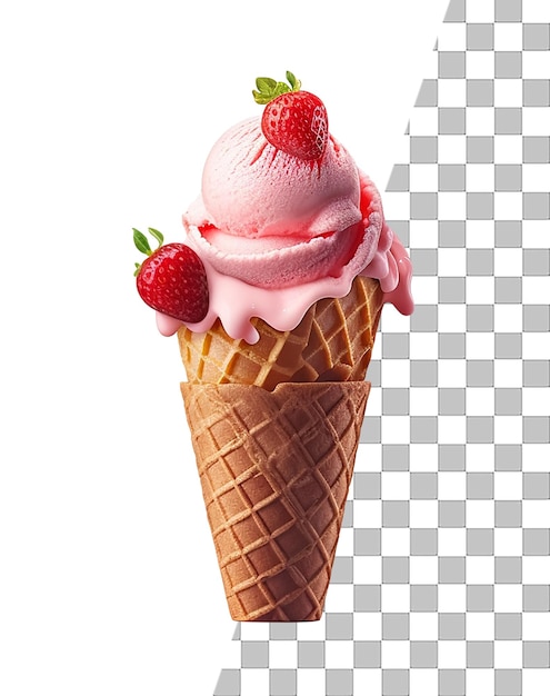 A strawberry ice cream cone with a transparent background