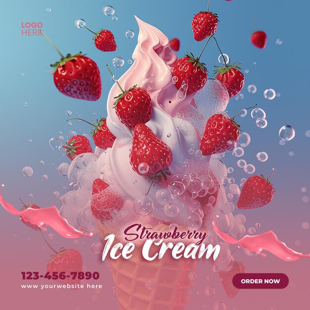 PSD strawberry ice cream cones social media instagram post design template