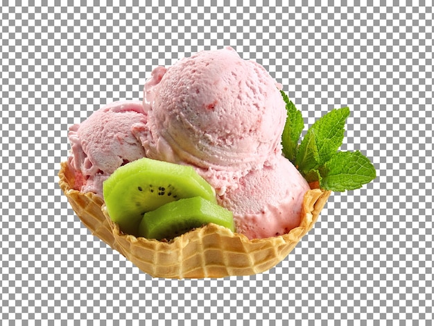 투명한 배경에서 격리된 키위 과일이 있는 와플 콘에 딸기 아이스크림