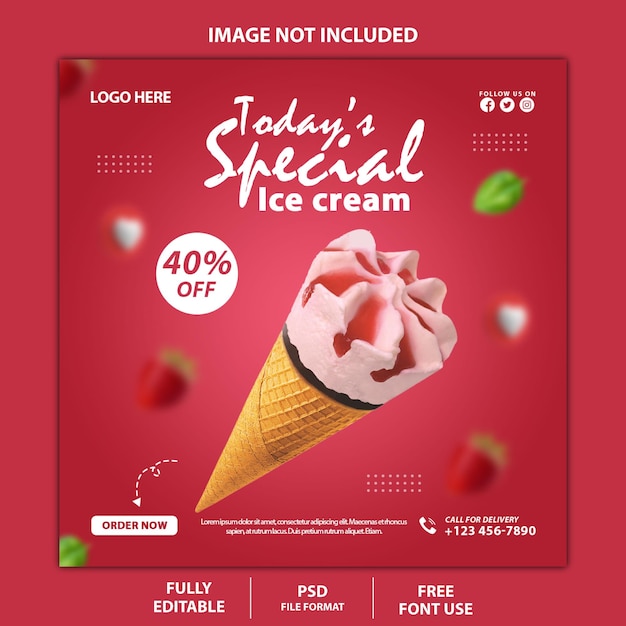 Post e banner sui social media del gelato alla fragola