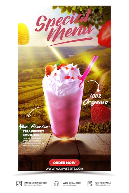 PSD Шаблон баннера рекламного плаката меню напитков клубничного молочного коктейля
