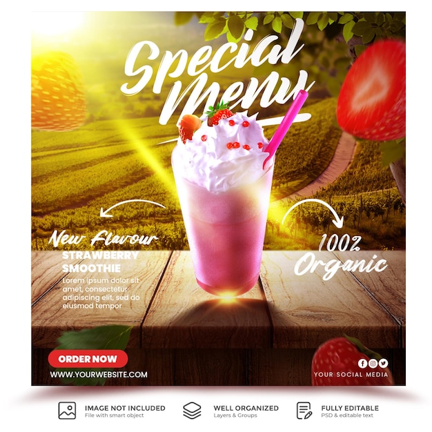 Strawberry milkshake drink menu promotion social media template