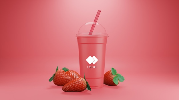 PSD strawberry smoothie mockup isolated with fruits