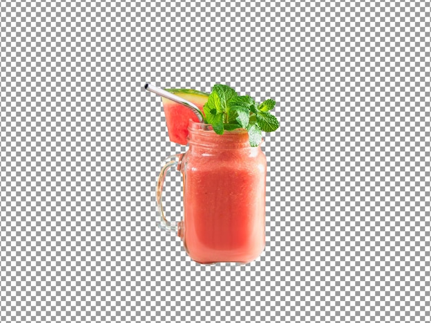 Strawberry smoothie with a straw in ajar on isolated and transparent background