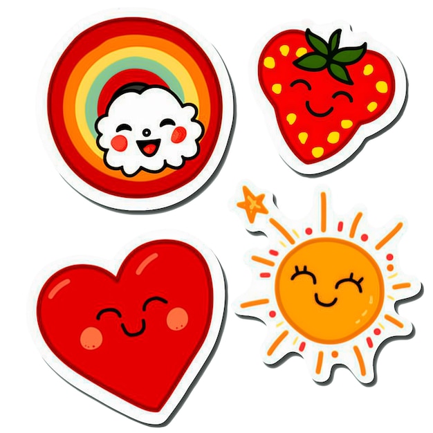 PSD strawberry sun heart and cloud cute cartoon sticker isolated on transparent background