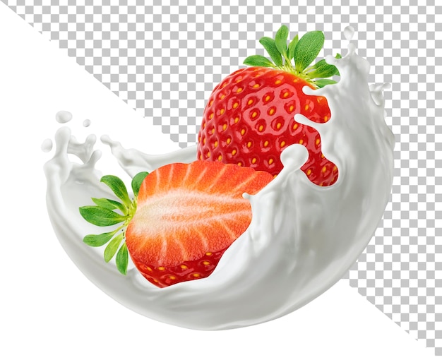 PSD strawberry with splashing milk isolated