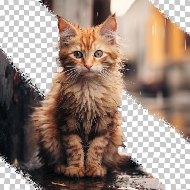 PSD Бездомный кот с пятнистой шерстью сидит на улице идея дикого животного на прозрачном фоне