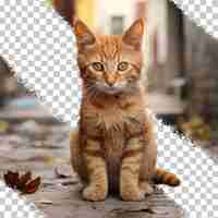 PSD Бездомный кот с пятнистой шерстью сидит на улице идея дикого животного на прозрачном фоне