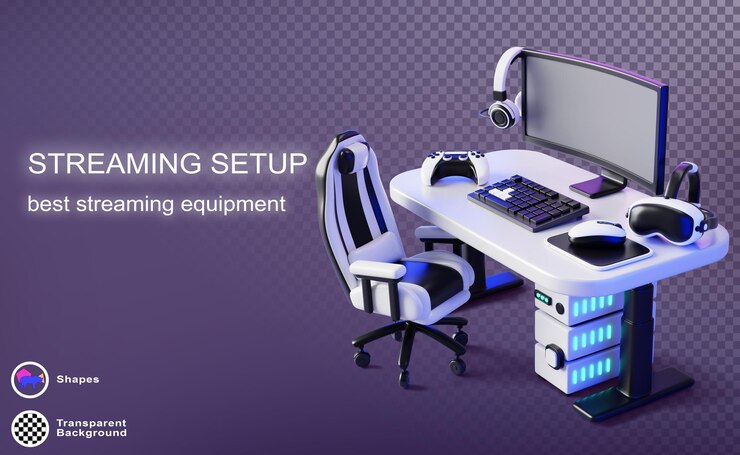 PSD streaming setup 3d purple web banner workplace of game streamer with computer on table chair and headphones render neon dark background with furniture and equipment for cyber sport